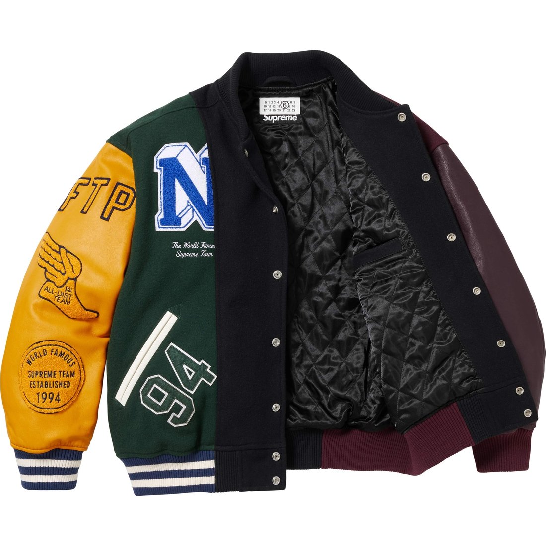 Details on Supreme MM6 Maison Margiela Split Varsity Jacket Multicolor from spring summer
                                                    2024 (Price is $698)