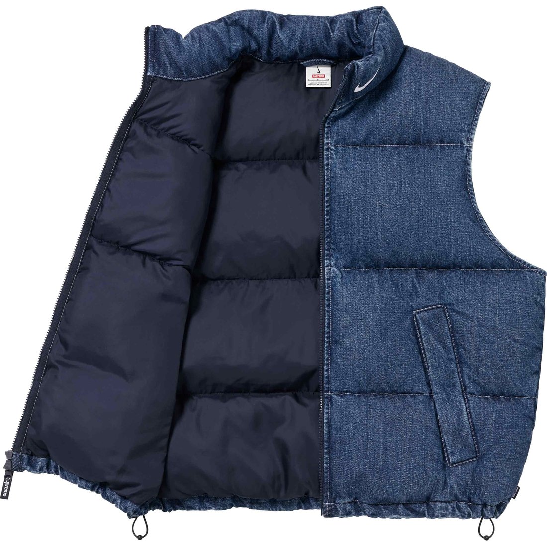 Details on Supreme Nike Denim Puffer Vest Indigo from spring summer
                                                    2024 (Price is $178)