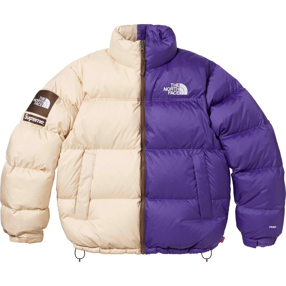 Details on Supreme The North Face Split Nuptse Jacket Tan from spring summer
                                                    2024 (Price is $398)