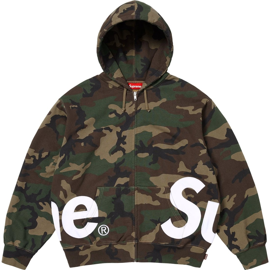 Supreme Big Logo Zip Up Hooded Sweatshirt (SS25) - Woodland Camo - $168