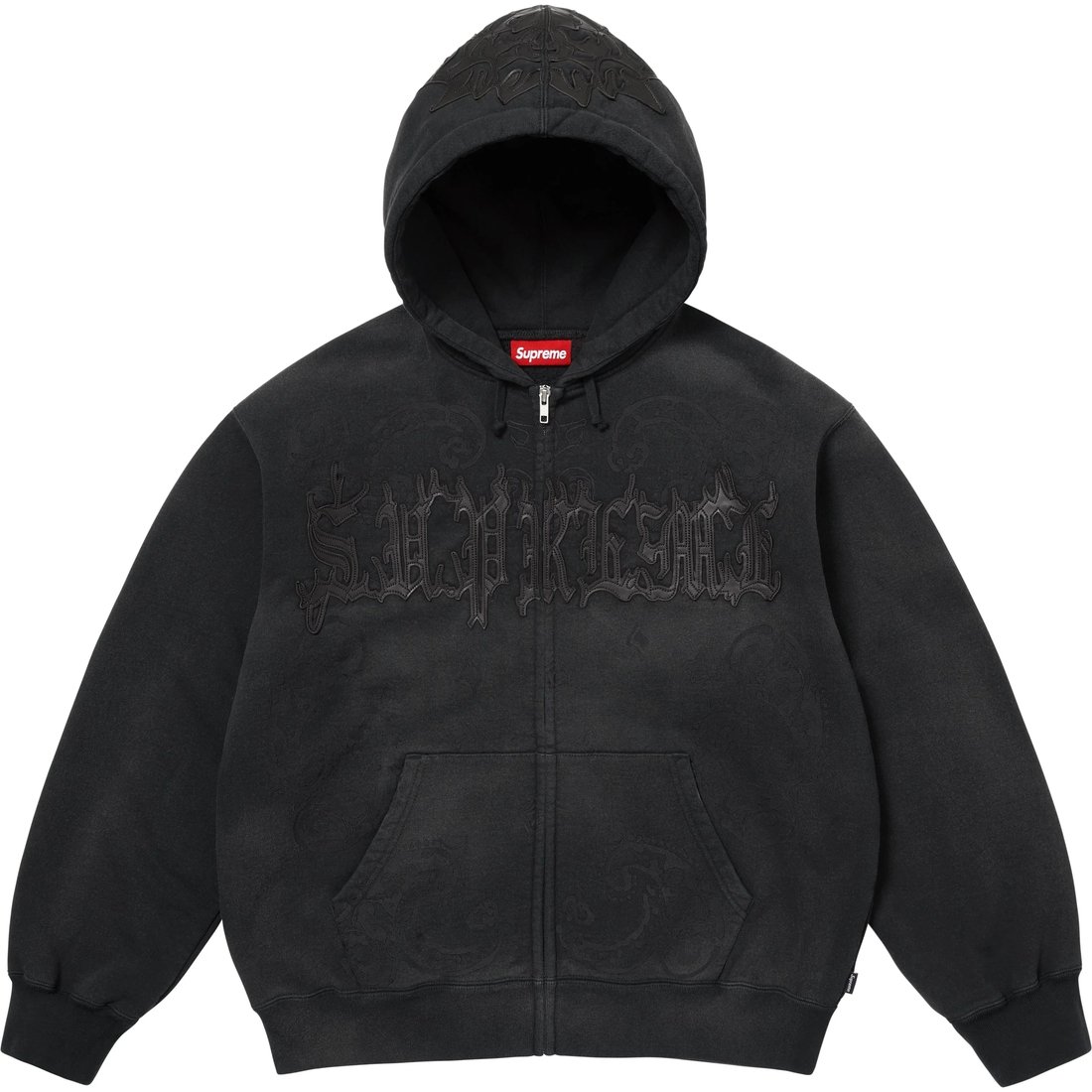 Supreme Leather Appliqué Zip Up Hooded Sweatshirt (SS25) - Black - $228