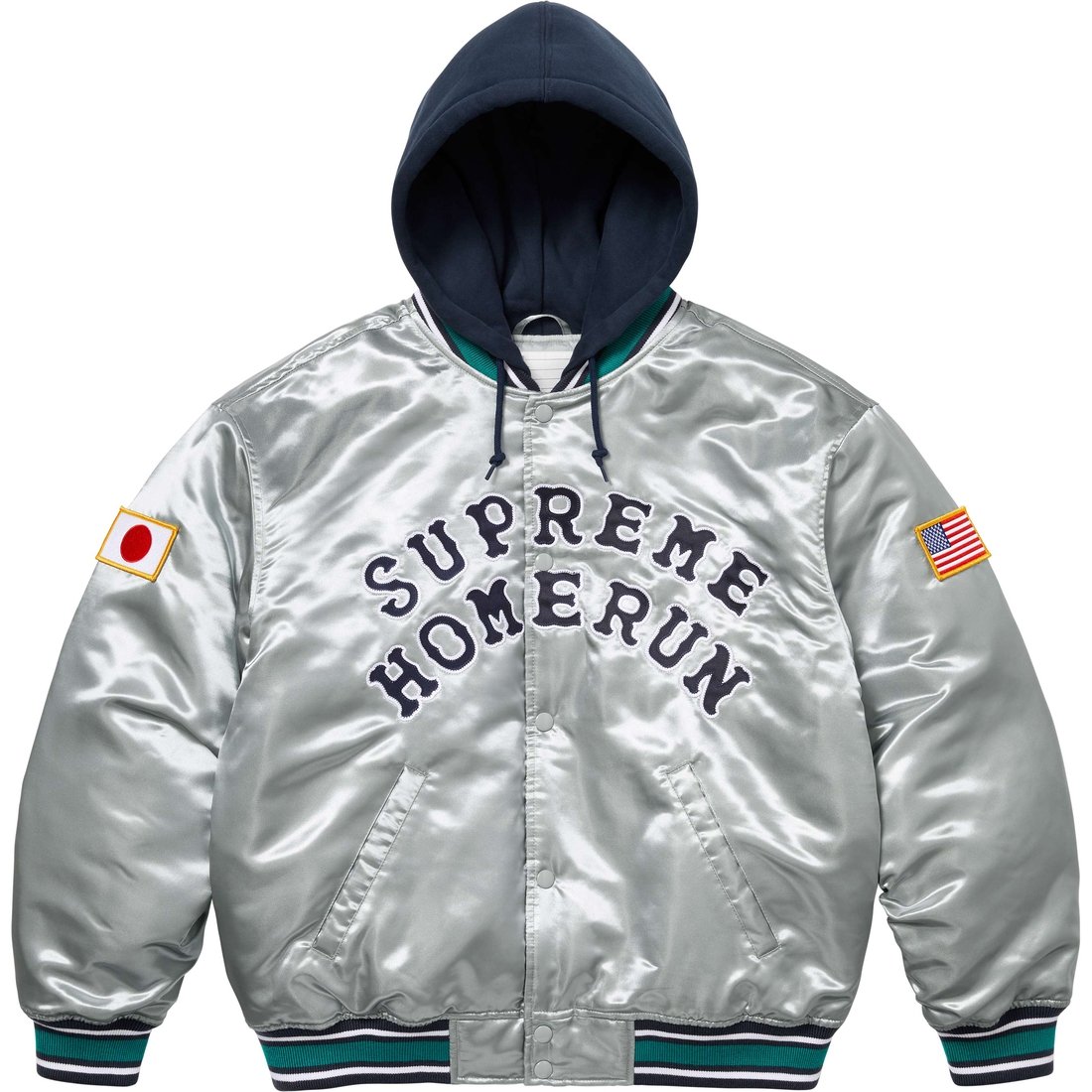 Supreme Supreme Homerun Satin Hooded Varsity Jacket (SS25) - Silver - $288